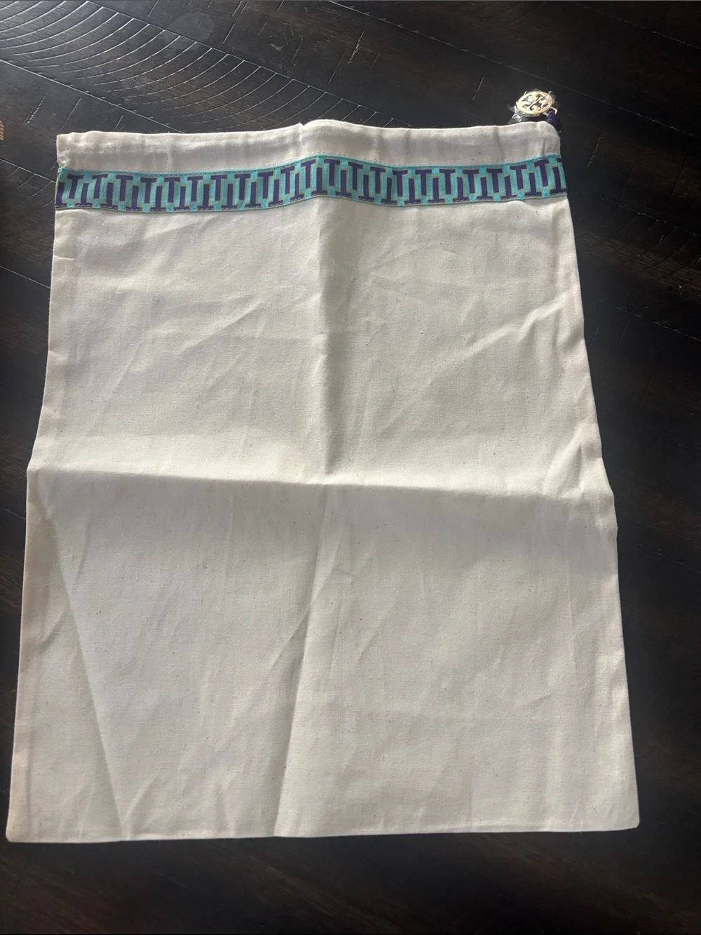 Tory Burch White Canvas Drawstring Dust Bag with Blue Geometric Trim